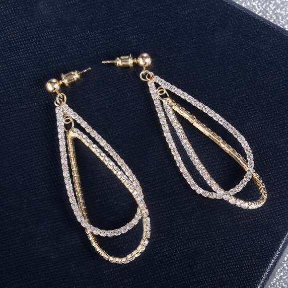 NEW Gold Round Diamond Double Tear Drop Earrings - Picture 6 of 9